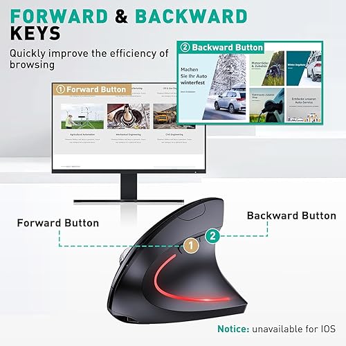 Miniatura 5 de Ratón inalámbrico ergonómico, conexión Bluetooth+USB A (2 en 1), 5 niveles de hasta 4800 DPI, 6 botones silenciosos, ratones verticales de túnel