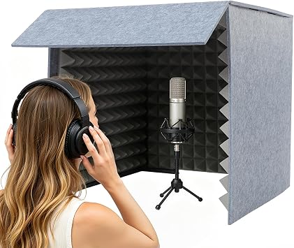 Desktop Soundproof Cover, 23.62 x 23.62 x 23.62 Vocal Sound Absorbing Shield Portable Vocal Recording Booth Self Made Sound Booth Box for Recording Studios, Game Rooms Gray