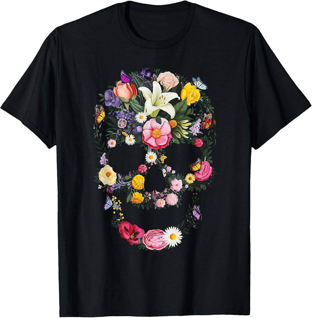Skull Flowers Tulip Sugar Skull Tree Floral Skull Rose T-Shirt