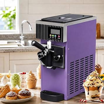 Ice Cream Machine, Soft Serve Maker, Maquina De Helado, Stainless Steel, With 2.5l Hopper and 1l Freezer, 3.5l Capacity, 4-5kg/H, Automatic Cleaning, For Milk Tea Shops/Dessert Shops/Cafes/Bars Purple