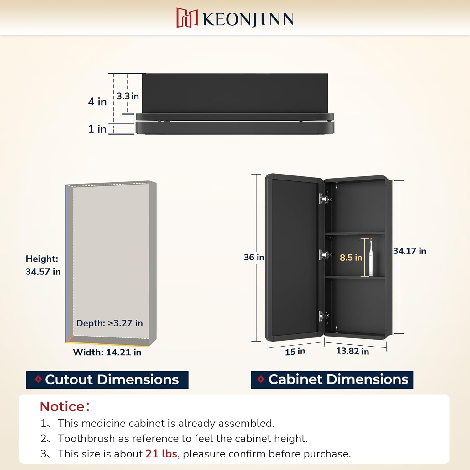 Keonjinn 15 x 36 Inch Black Slim Medicine Cabinets, Narrow Bathroom Side Medicine Cabinet with Mirror, Stainless Steel Framed, Adjustable Shelves, Recessed or Wall Mount, Modern Farmhouse Black Mirror: 15x36