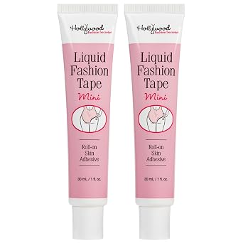 Hollywood Fashion Secrets Liquid Fashion Tape Mini Roll On Body Adhesive, Fashion Glue for Skin and Clothes, Invisible Hold, 1 fl oz, 2 Pack