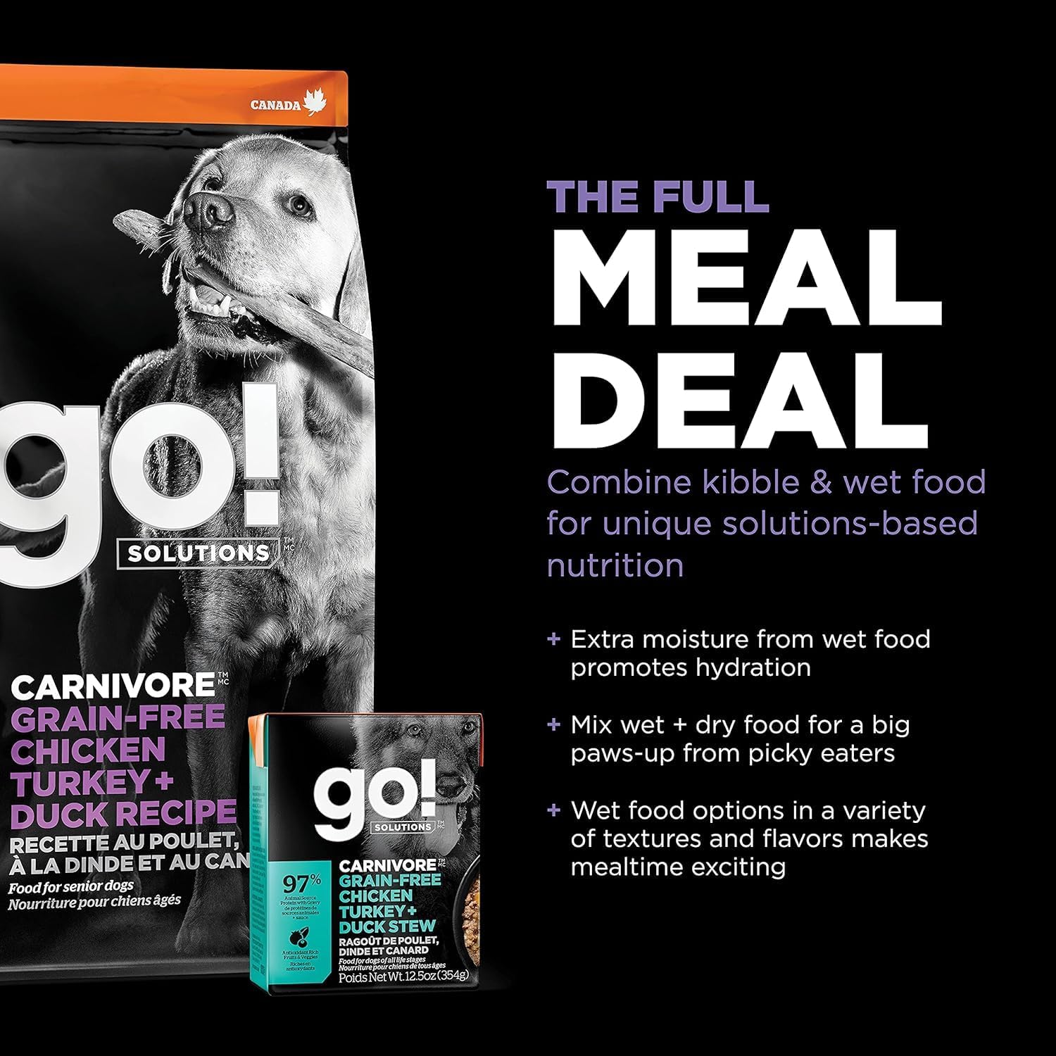 Go! Solutions Carnivore Chicken, Turkey + Duck Grain-Free Dry Senior Dog Food, Our Highest-Protein Kibble Made with Real Meat & Fish, Pumpkin & Probiotics for Good Digestion, 3.5 lb Bag