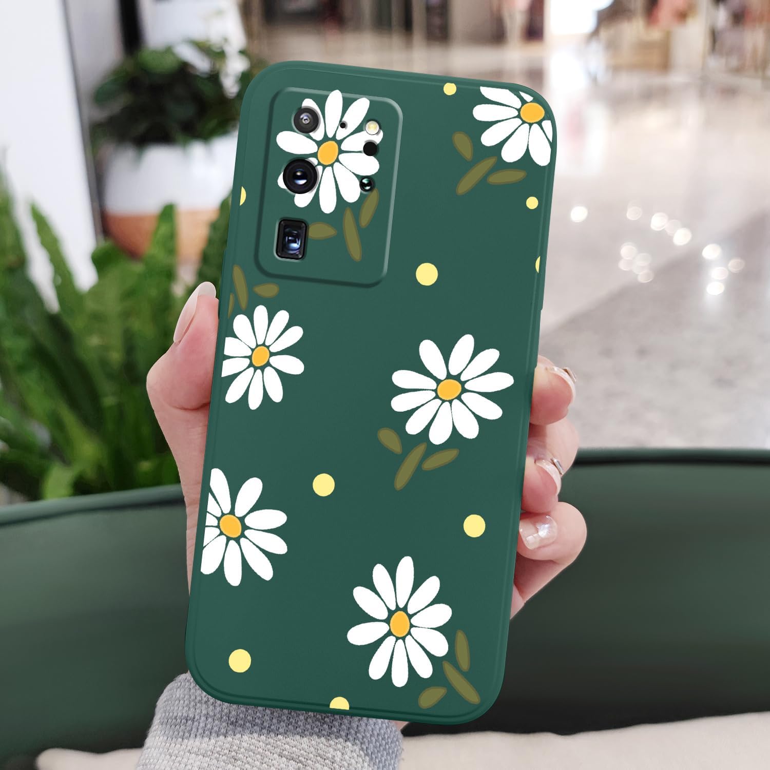 LEECG for Samsung Galaxy S20 Ultra Case, Flower Pattern Soft Silicone Microfiber Lining Side Creative Design for Samsung S20 Ultra Phone Cover, Daisy Green image 3