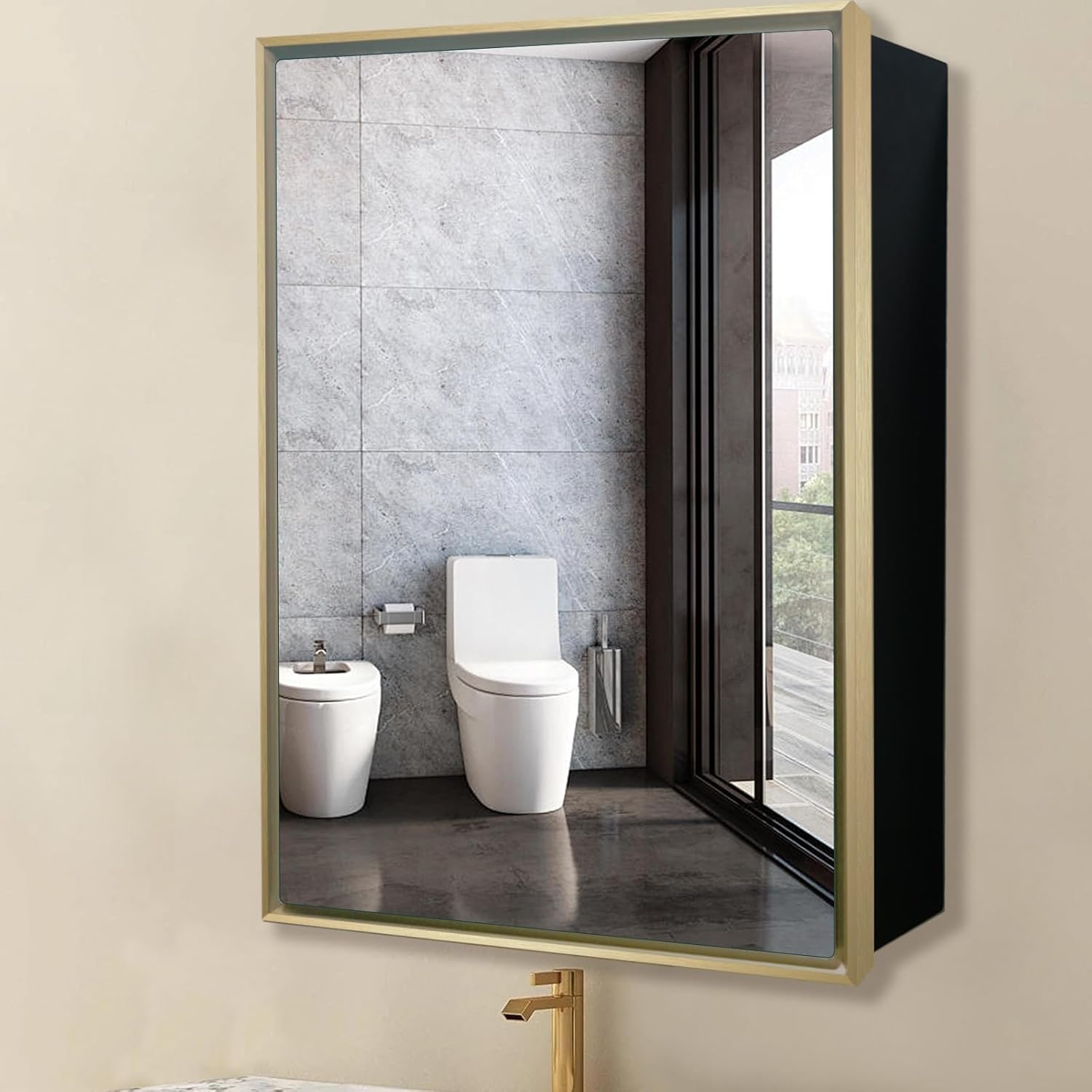 Medicine Cabinet with Aluminum Framed Mirror, 24"x30" Surface Mount Bathroom Vanity Mirror, Single Door Gold Bathroom Storage Cabinet