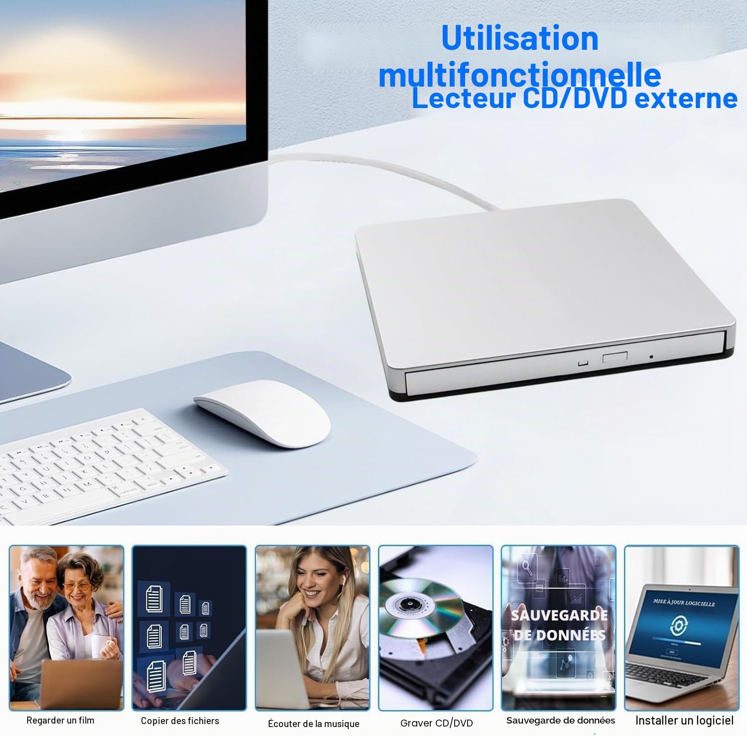 Lecteur DVD CD Externe USB-C SuperDrive Portable Lecteur/Graveur de DVD CD pour Apple - MacBook Air/Pro/iMac/Mini/MacBook Pro/ASUS/Dell/Ordinateur Portable avec Port USB-C Plug and Play