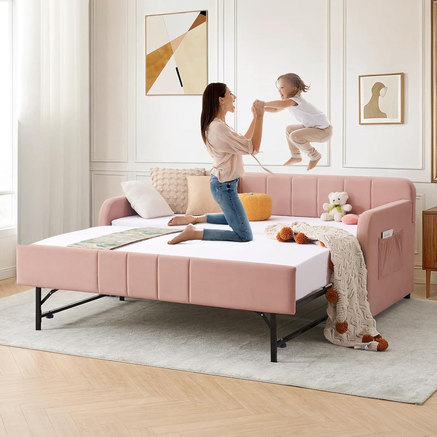 Twin Size Daybed with Pop Up Trundle Bed,Velvet Twin to King Size Day Bed Frame with USB Ports&Side Pockets,Upholstered Extendable Wooden Sofa Bed for Living Room,Bedroom,No Box Spring Needed,Pink