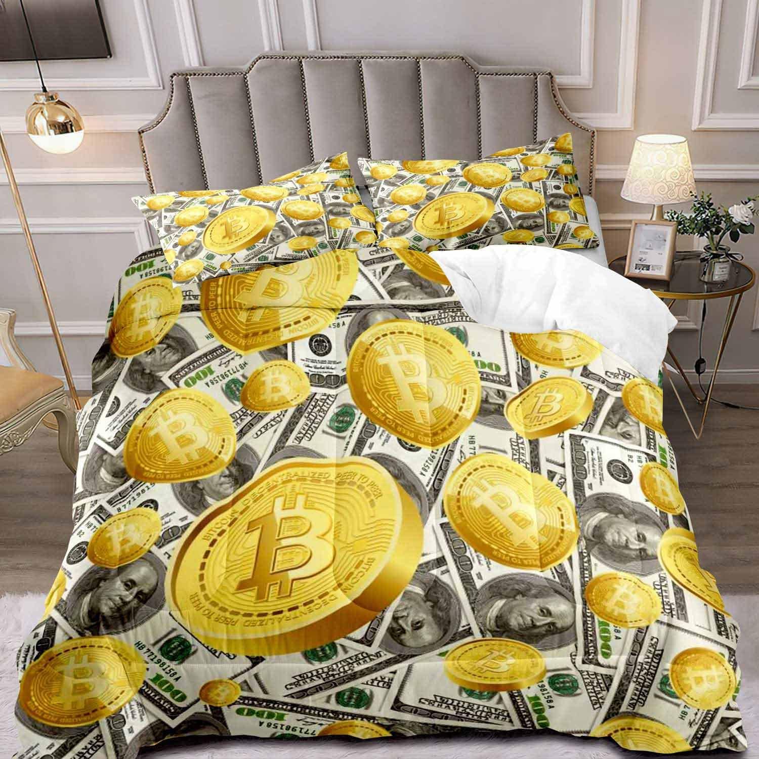 LUVIVIHOME2PCS Luxury Money Comforter Set Twin Size, Gold Bitcoin Cash Benjamin Franklin Bill Cash 100 Dollar Bedding Sets, Funny Bedroom Decor for Boys Men, Lightweight Bedding Quilt, 1 Pillow Sham