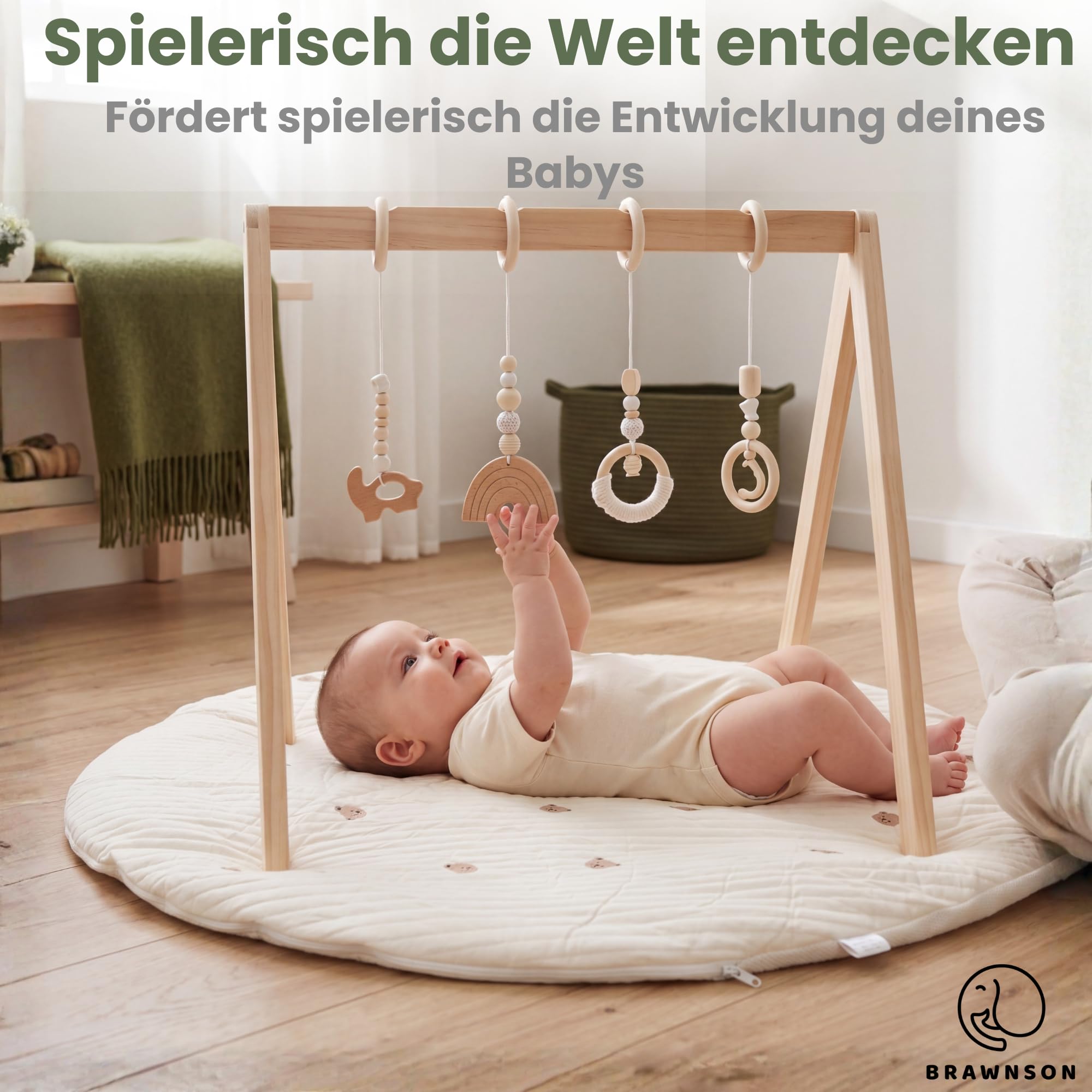 Baby Spielbogen Holz mit Krabbelmatte und zusätzlichem Bezug – Montessori Babygym aus Naturholz, extra dicke waschbare Krabbelmatte für Neugeborene ab 0 Monaten