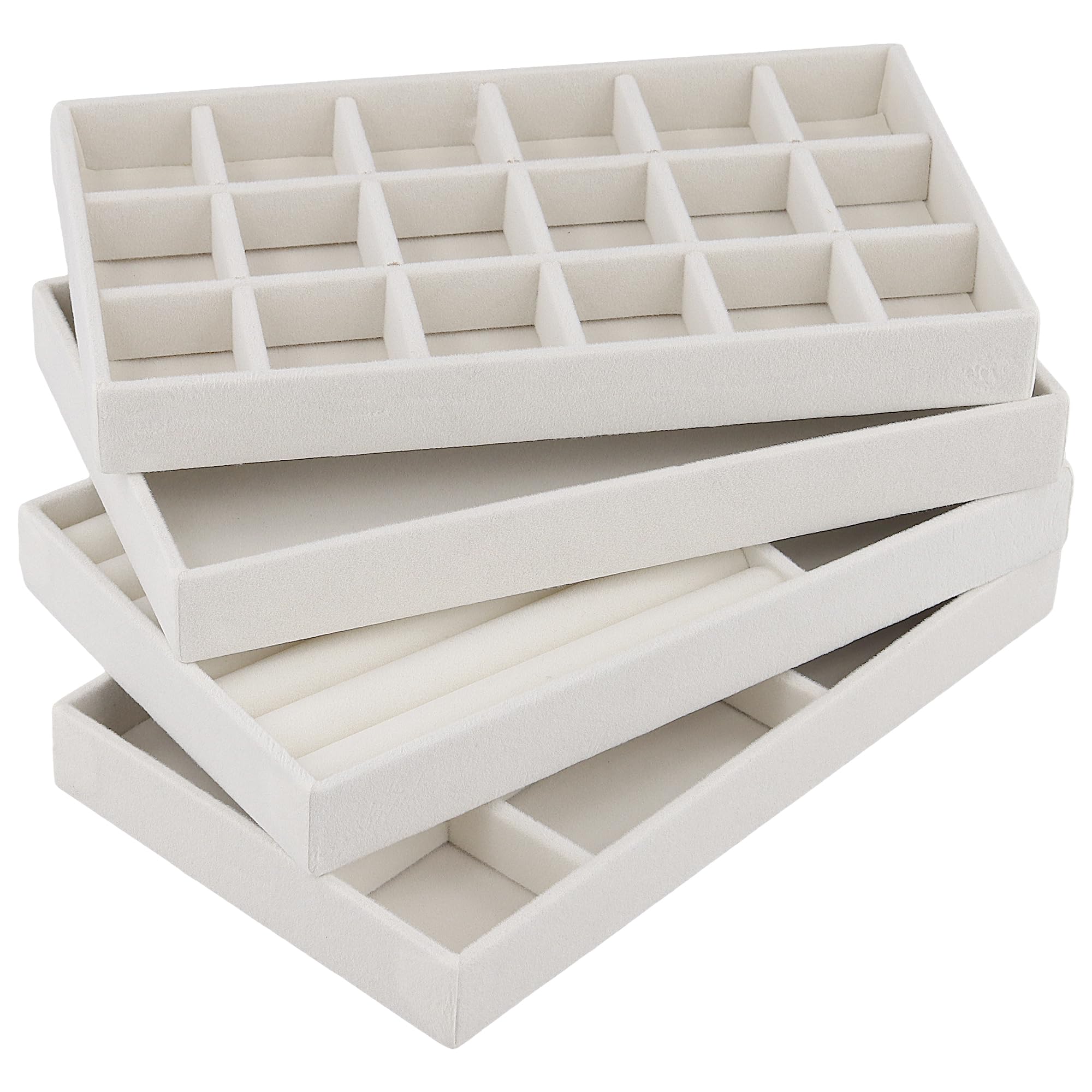12 Stück Schmucktablett, Stapelbar Schmuck Organizer Schublade, Samt Schmuckaufbewahrung Einsatz für Halsketten Armbänder Ohrringe, Beige, 21,3 x 12,4 x 2,4 cm