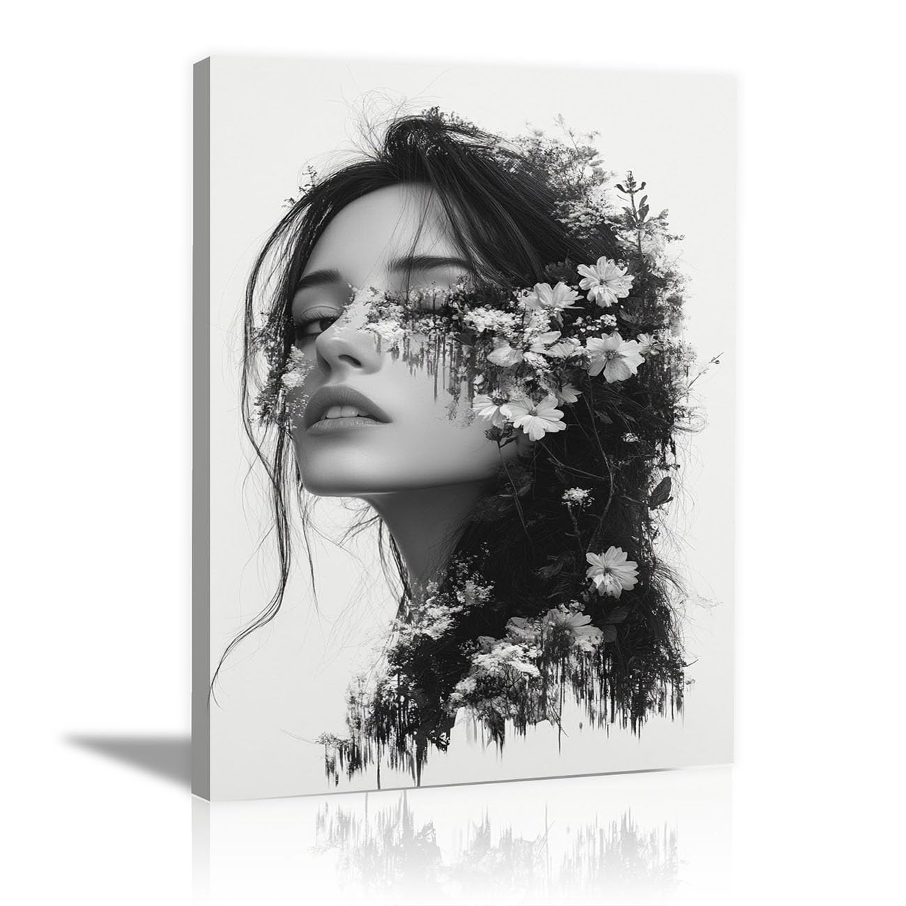 QUSAAOU Fashion Canvas Wall Floral Double Exposure Portrait Living Room Bedroom African American Woman Wall Decor Art Wall For Home Afro Woman Poster And Prints(black)-30x45cm1 Framed