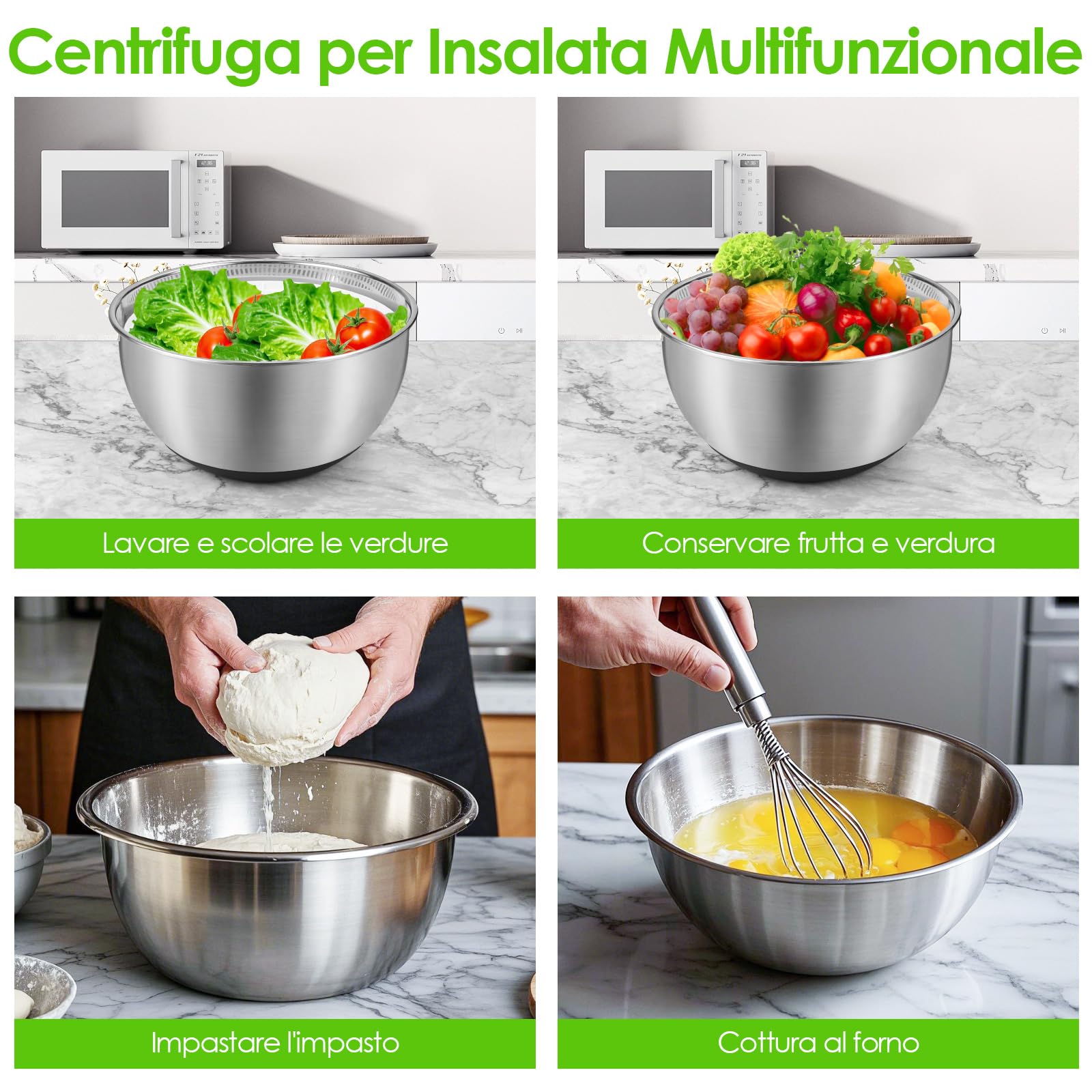 Centrifuga per Insalata 4,5L in Acciaio Inossidabile Grande, Asciuga Insalata Centrifuga, Base Antiscivolo, Lava Insalata Centrifuga per Lavare e Scolare Le Insalate, Scolare la Pasta, ECC.