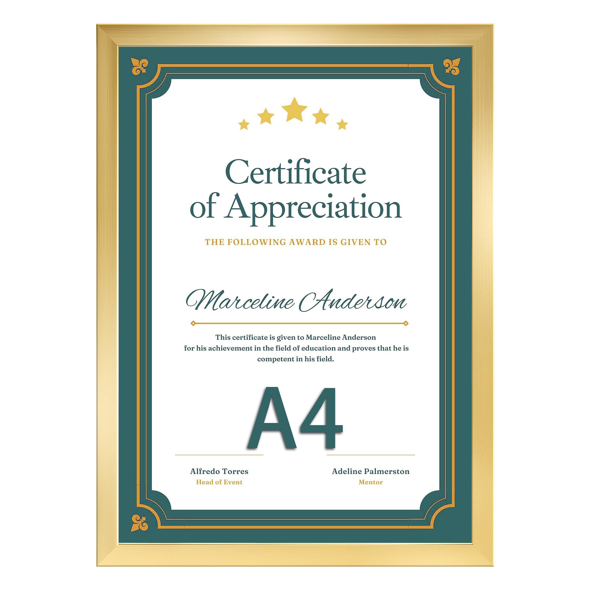 EYMPEU Gold A4 Picture Frame, Display Pictures 8x6 with Mat or A4 Without Mat, A4 Photo Frames with Stand for Certificates, Posters, Artwork on a Wall or Desktop- Single — image 1
