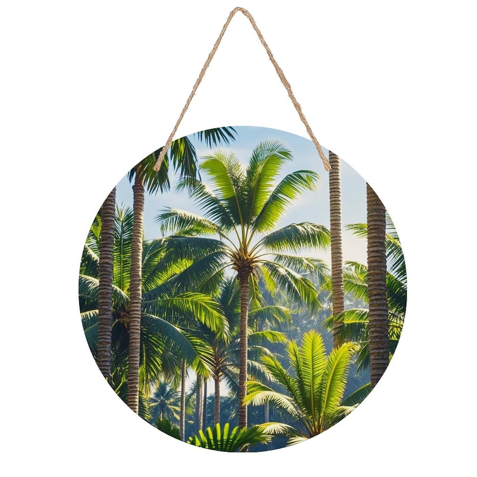 FekiLoot Round Palm Trees Wall Art Decor Painting Wooden Hanging Sign with Ropes Bohemian Wall Hanging Retro Mid Century Modern Wall Art for Home Bedroom Living Room 7.9x7.9 in