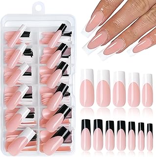 LuckForever 120pc French Tips Press on Nails Long Square, Black White Tips Long Press on Nails French Square Fake Nails Full Cover Glue on Nails Press ons Acrylic Nail Fingernail with Adhesive Tabs