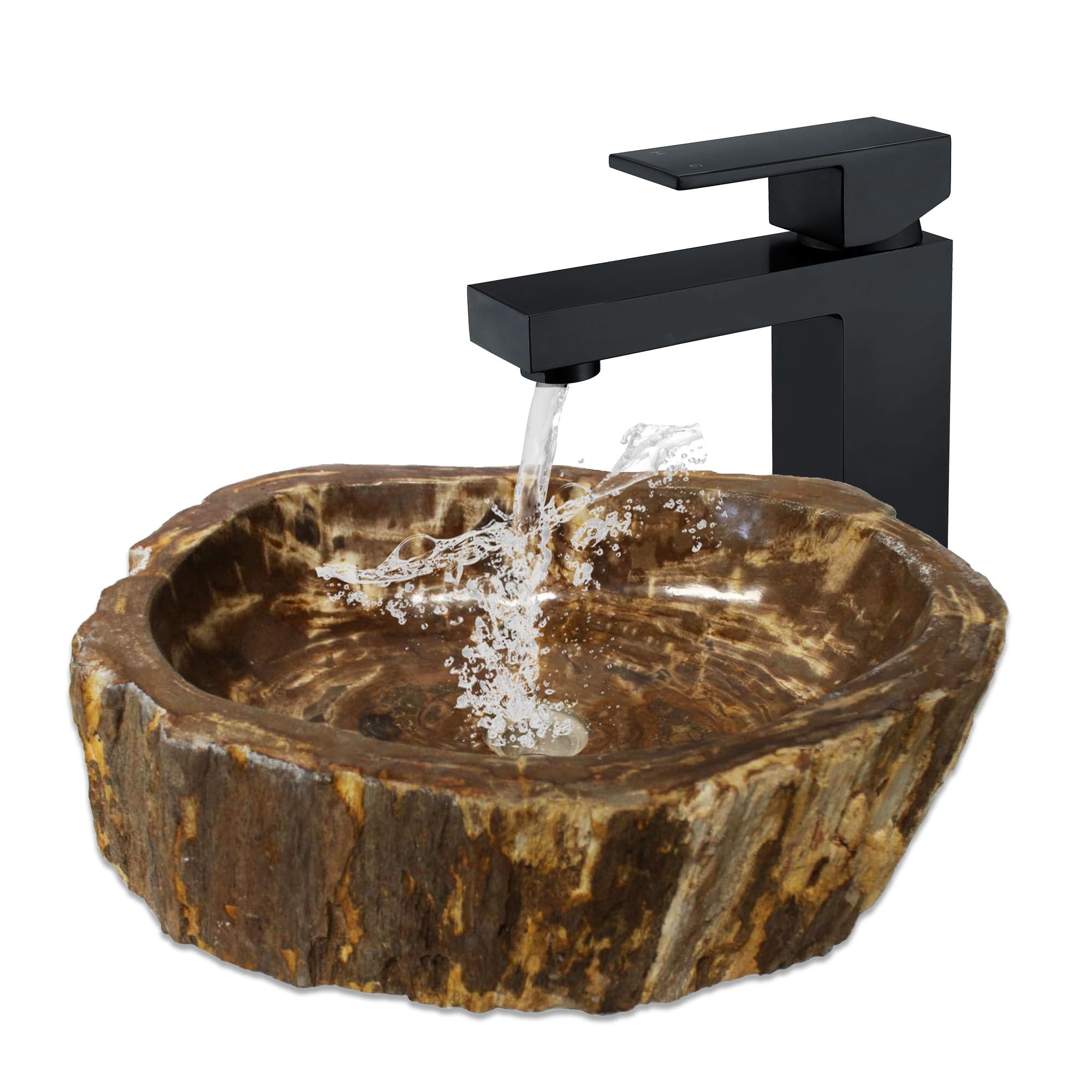 Eden Bath Petrified Wood Variable Shaped Vessel Sink, Polished Stone Basin with Natural Exterior