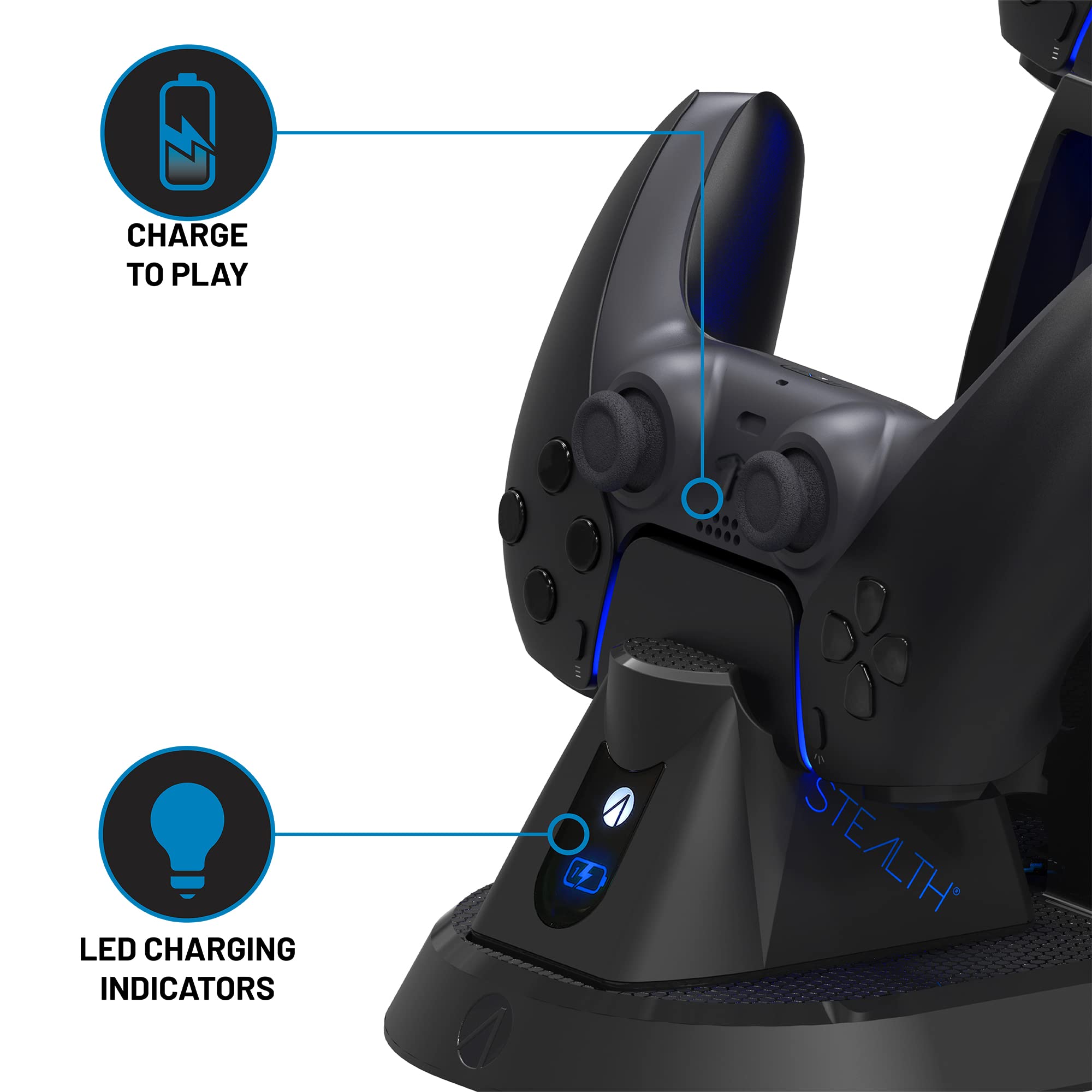 STEALTH Estación de juego definitiva PS5 con auriculares a juego y soporte para mandos a juego y cable de carga USB-C trenzado de 2 m