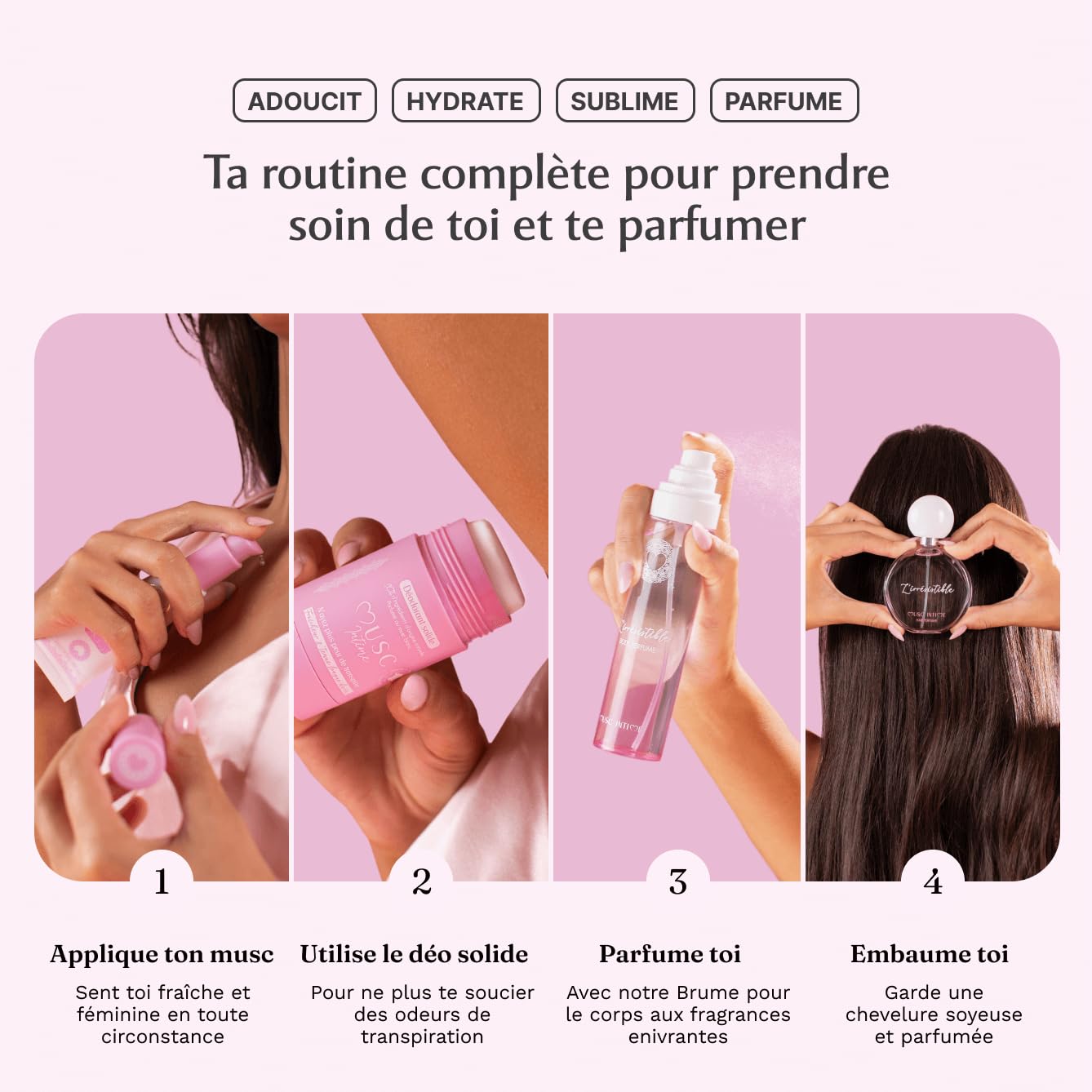 MUSC INTIME - Parfum Cheveux - Musc Blanc - L'Irrésistible - Soin Femme - Sublime ta chevelure - Parfume et hydrate toute la journée - Flacon Pompe - 50ml