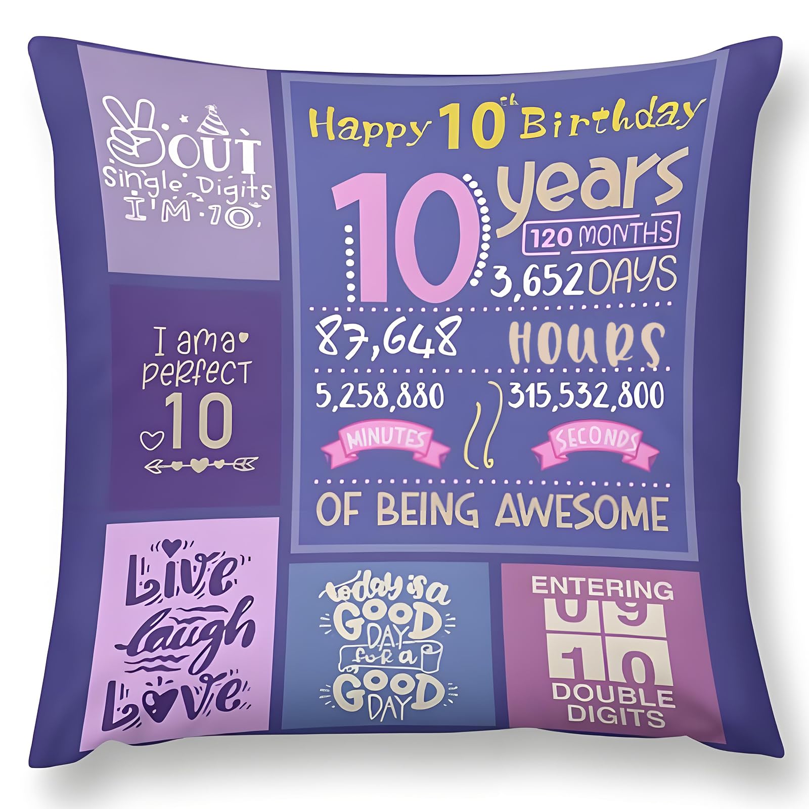 10th Birthday Gifts for Girls Cushion Covers, Year Old Girl Presents Decorations Throw Pillow Cover, 18x18 Inch Double-Sided Happy Birthday Ideas for Daughter