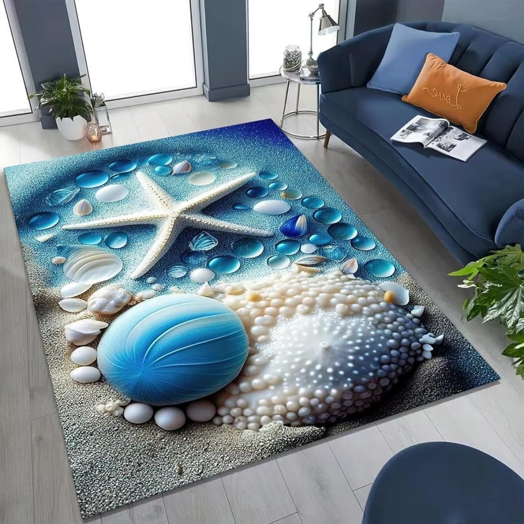 Dywan z nadrukiem rozgwiazdy, muszli, motyw tropikalnego oceanu, antypoślizgowy dywan dekoracyjny do salonu, sypialni, dekoracja domu, kolor 2, 140 x 200 cm