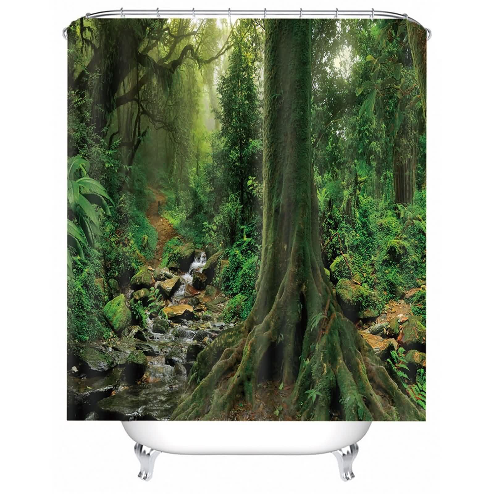 Rideau de douche vert jungle en polyester imperméable pour baignoire avec anneaux