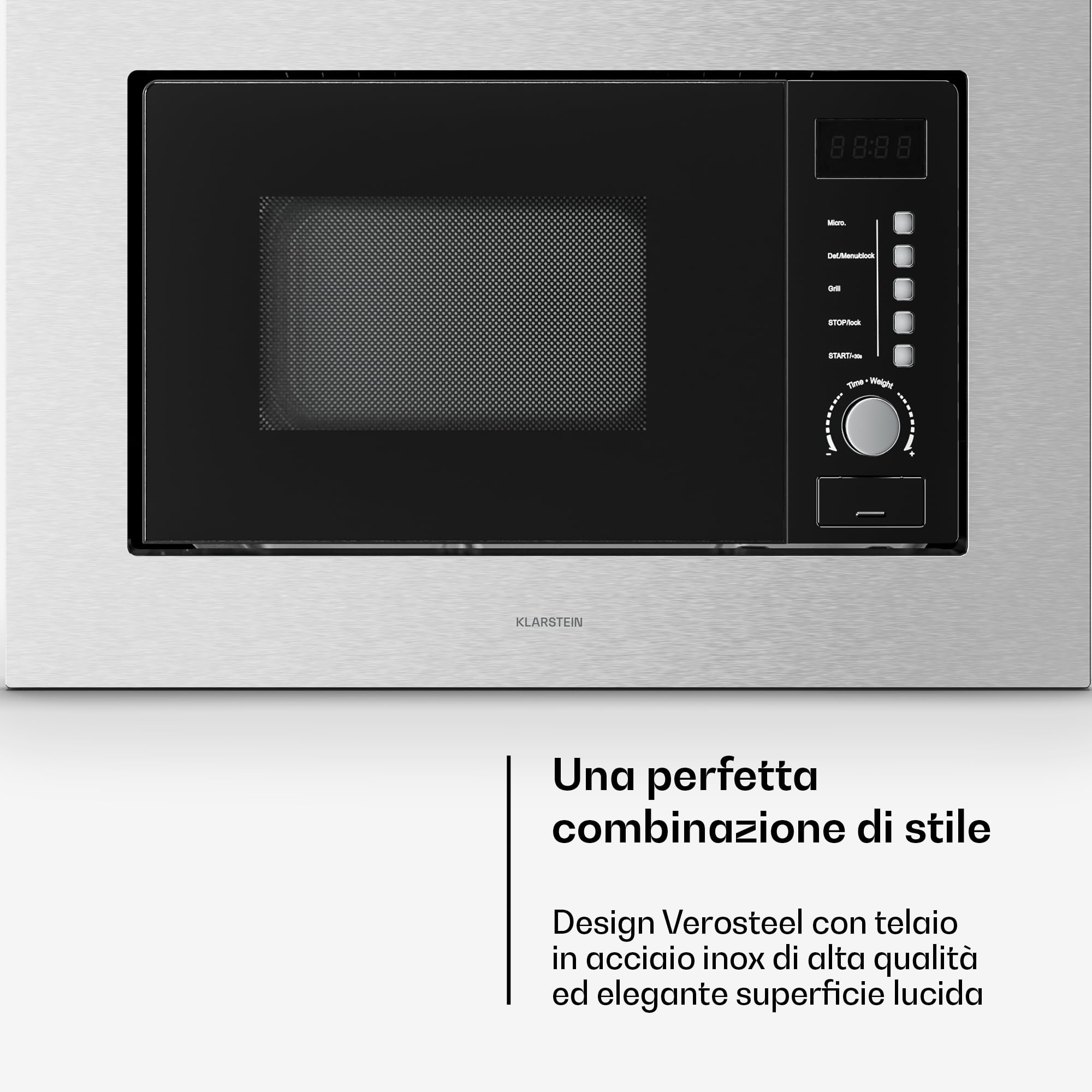 Klarstein Verosteel Microonde da Incasso con Grill – 20L, 700W Microonde & 800W Grill, 8 Programmi, Touch, Acciaio Inox, Forno Microonde Incasso, Acciaio inossidabile