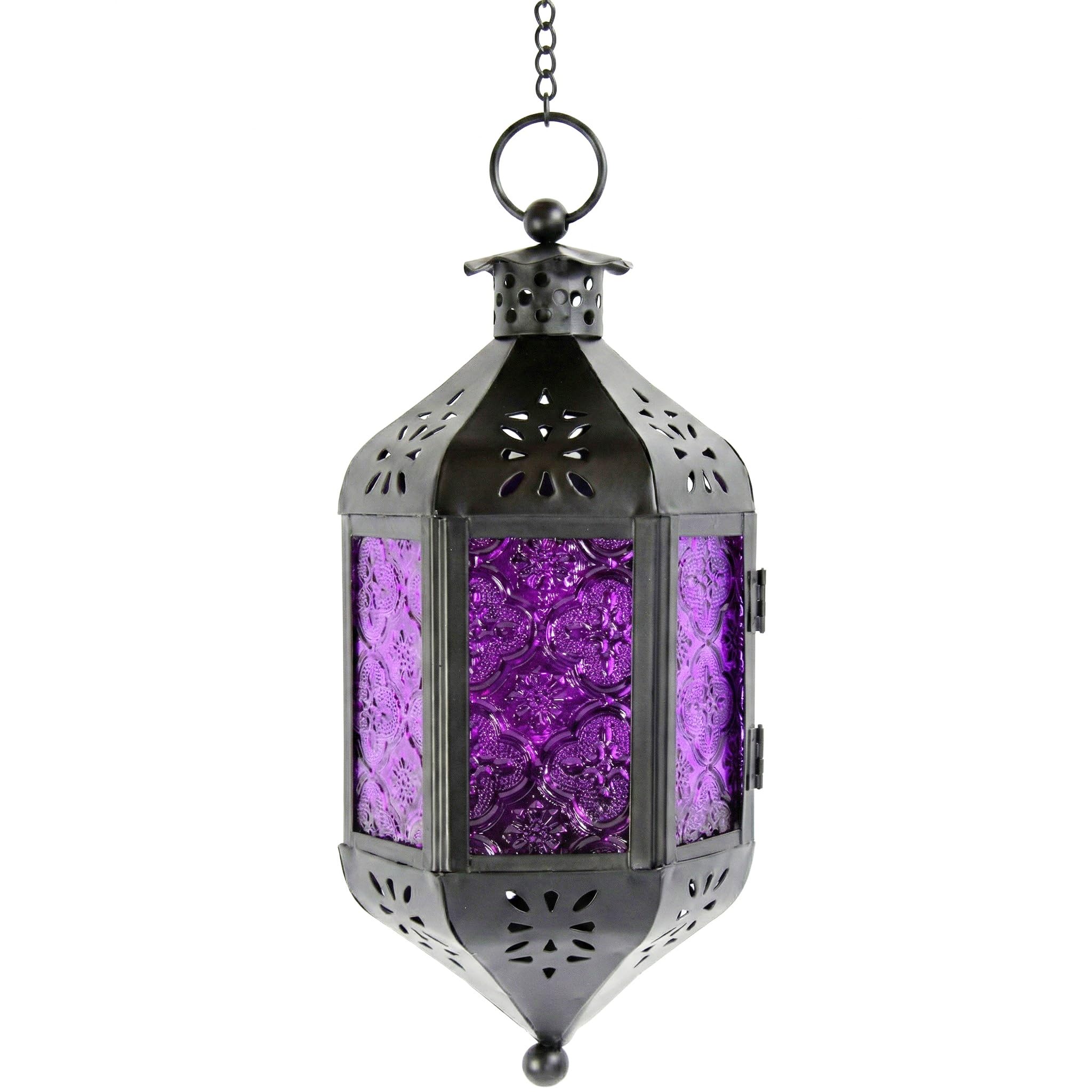 Vela Lanterns Purple Glass Hanging Moroccan Candle Lantern With Chain