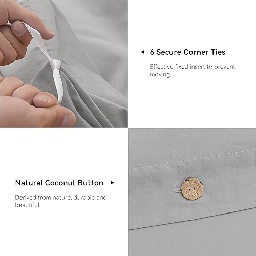 Miniatura 5 de JELLYMONI - Funda de edredón de 100% algodón lavado, tamaño Queen, color gris claro, con botones, 3 piezas, transpirable, suave, unicolor, de 90 x