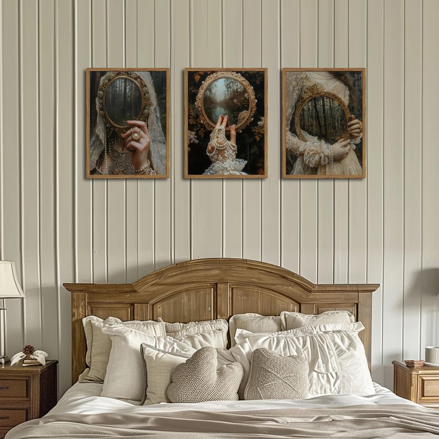 Framed Gothic Dark Academia Canvas Wall Art Set of 3, Vintage Victorian Women Witch Mirror Pictures Wall Decor, Moody Halloween Aesthetic Paintings Prints for Living Room Bathroom Bedroom 16x24 inch