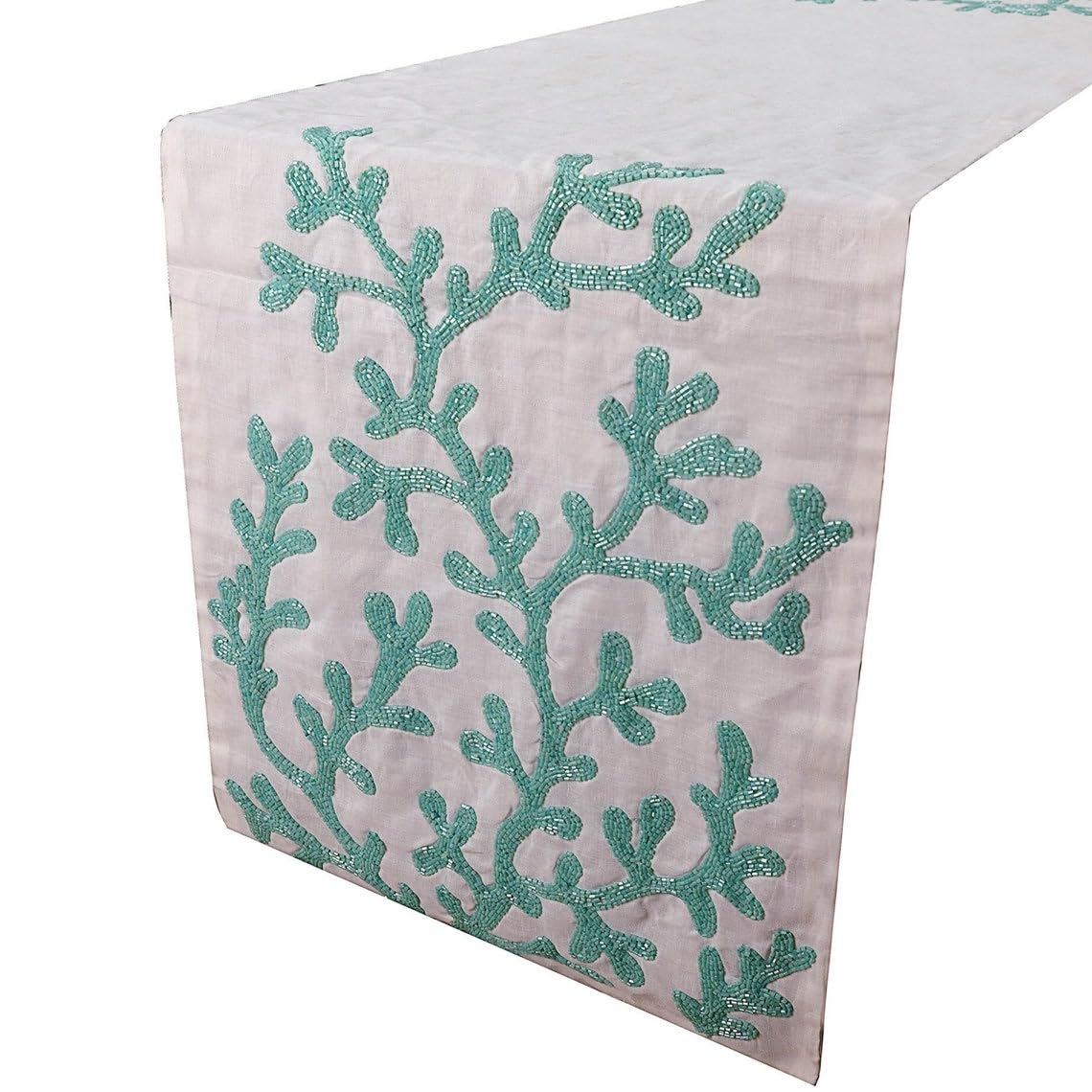 Luxury Ivory White Handmade Table Runner 40 x 270 cm, Beaded Embroidery Table Runner on Silk fabric - Beach Coral — image 1