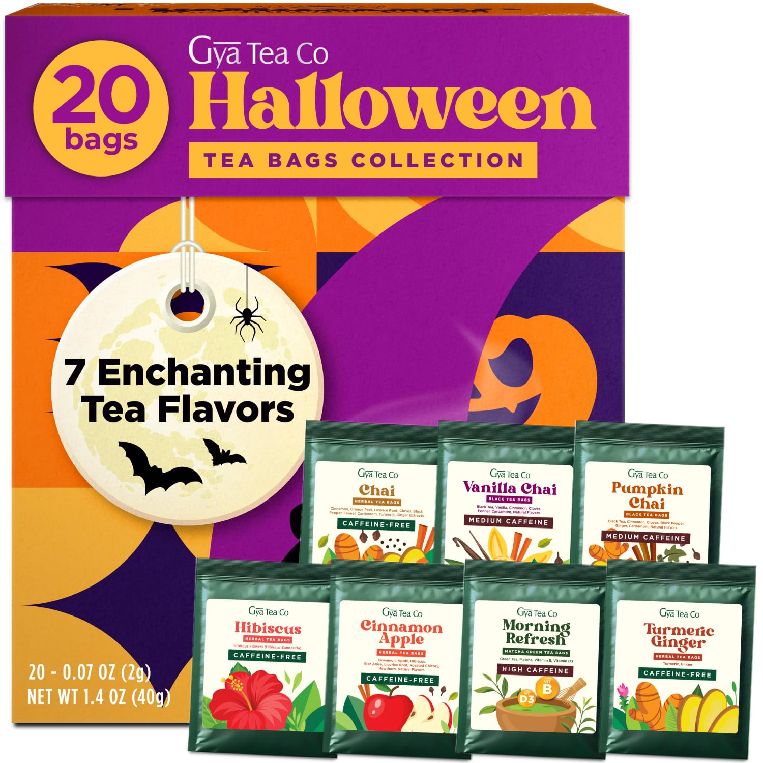 Halloween Tea Bags Gift Set (20 Count) - 7 Flavors Assorted Variety Pack