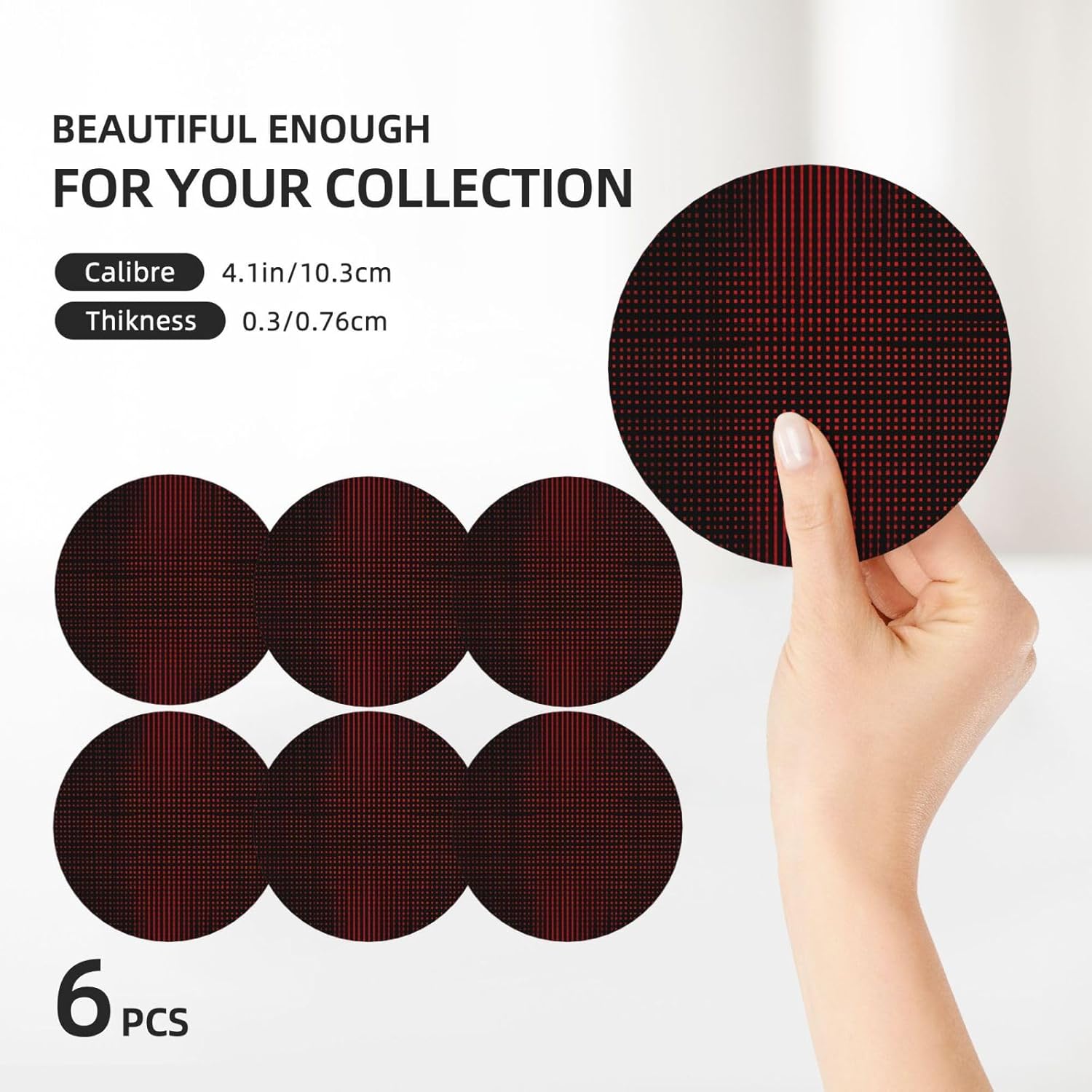 (Black and red Striped) Ceramic Coasters Set of 6 with Holder Non-Slip Round Coffee Coasters for for Cup Mug Drink Patio Coffee Table Decor, Christmas Coasters Home Bar Supplies