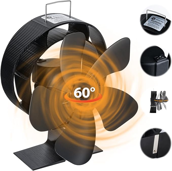 CHANGE MOORE Wood Stove Fan 60° Oscillating Large Size, 5 Blades Heat Powered Stove