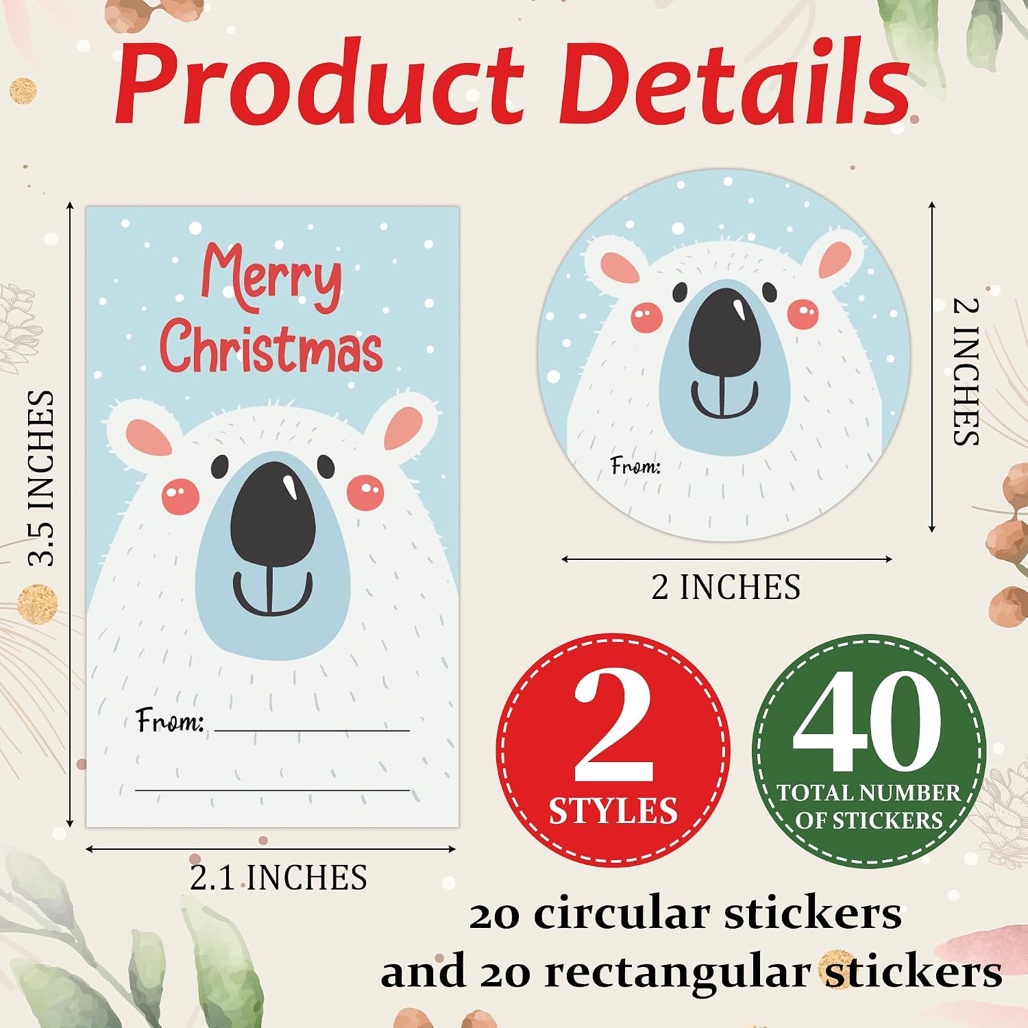 Christmas Gift Tags Stickers, Cute Blue Bear from Name Labels, 20 Round & 20 Rectangle Writable Self-Adhesive Stickers, Fits Gift Wrapping, Party Favor Supplies, DIY Xmas Handcraft-A15 image 3