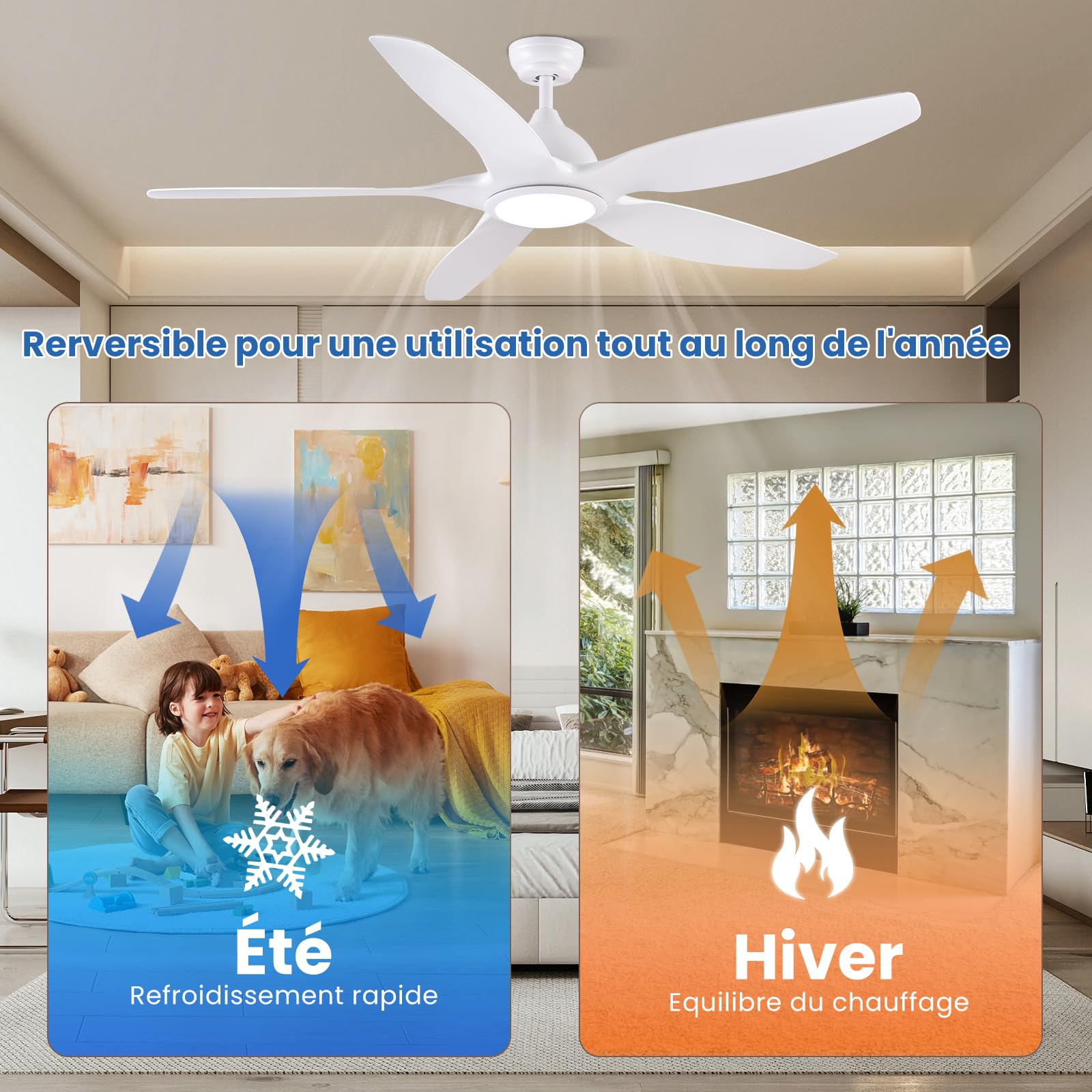 Newday Ventilateur de Plafond Blanc 153cm avec Lumiere et Télécommande Silencieux, Moteur DC Réversible, 5 Pale Minuterie Dimmer