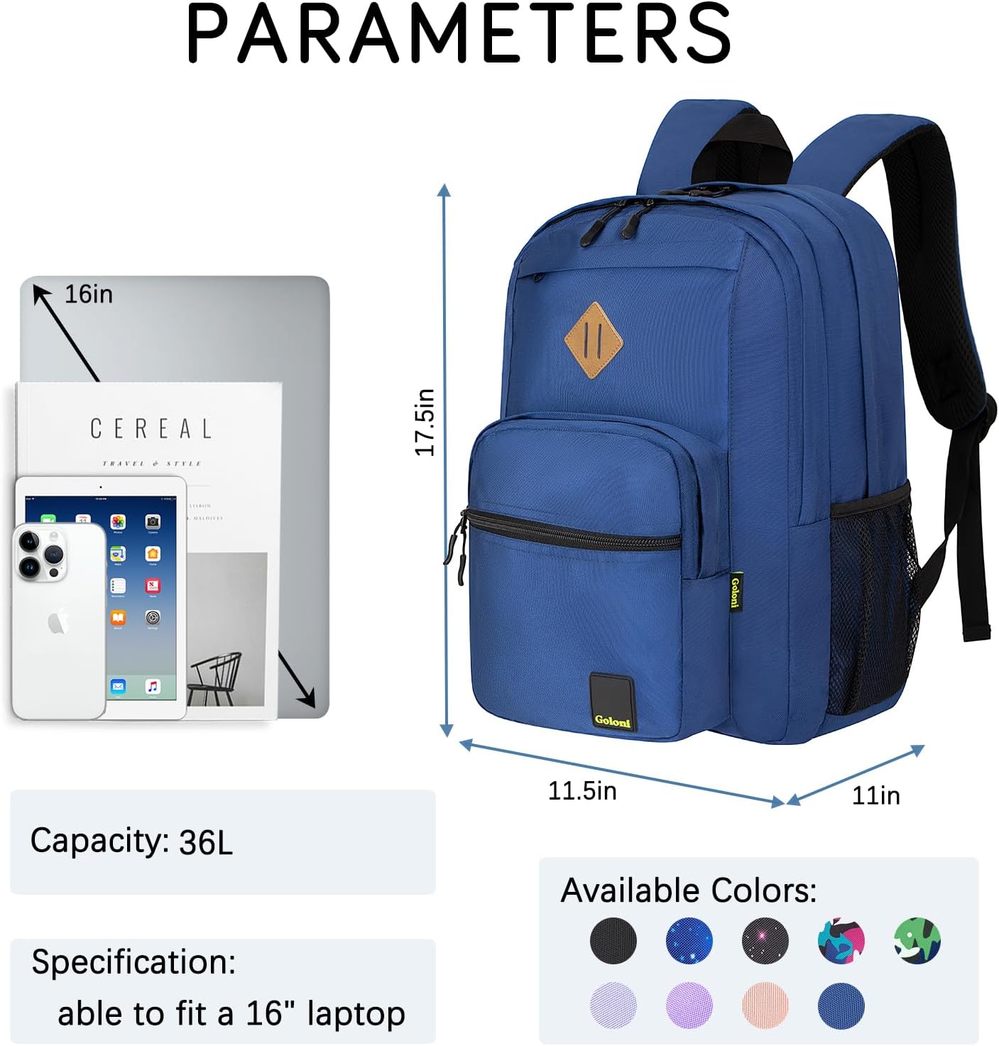Goloni Lightweight Laptop Backpack 1.1Lbs, 36L Wear-Resistant Water Resistant Backpack with Laptop Compartment for Men Women, College Work Travel Bookbag,Blue