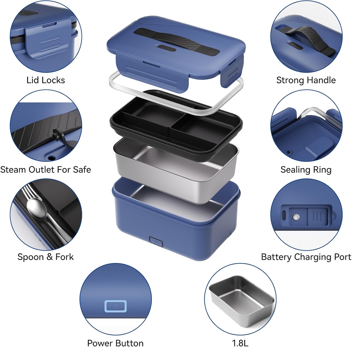 Vingud Cordless Electric Lunch Box for Adults, 1.8L Rechargeable Heated Lunch Box Food Warmer, Portable Self Heating for Mens/Office/Car, Lonchera Eléctrica Portátil Battery Powered Valentine's Gift