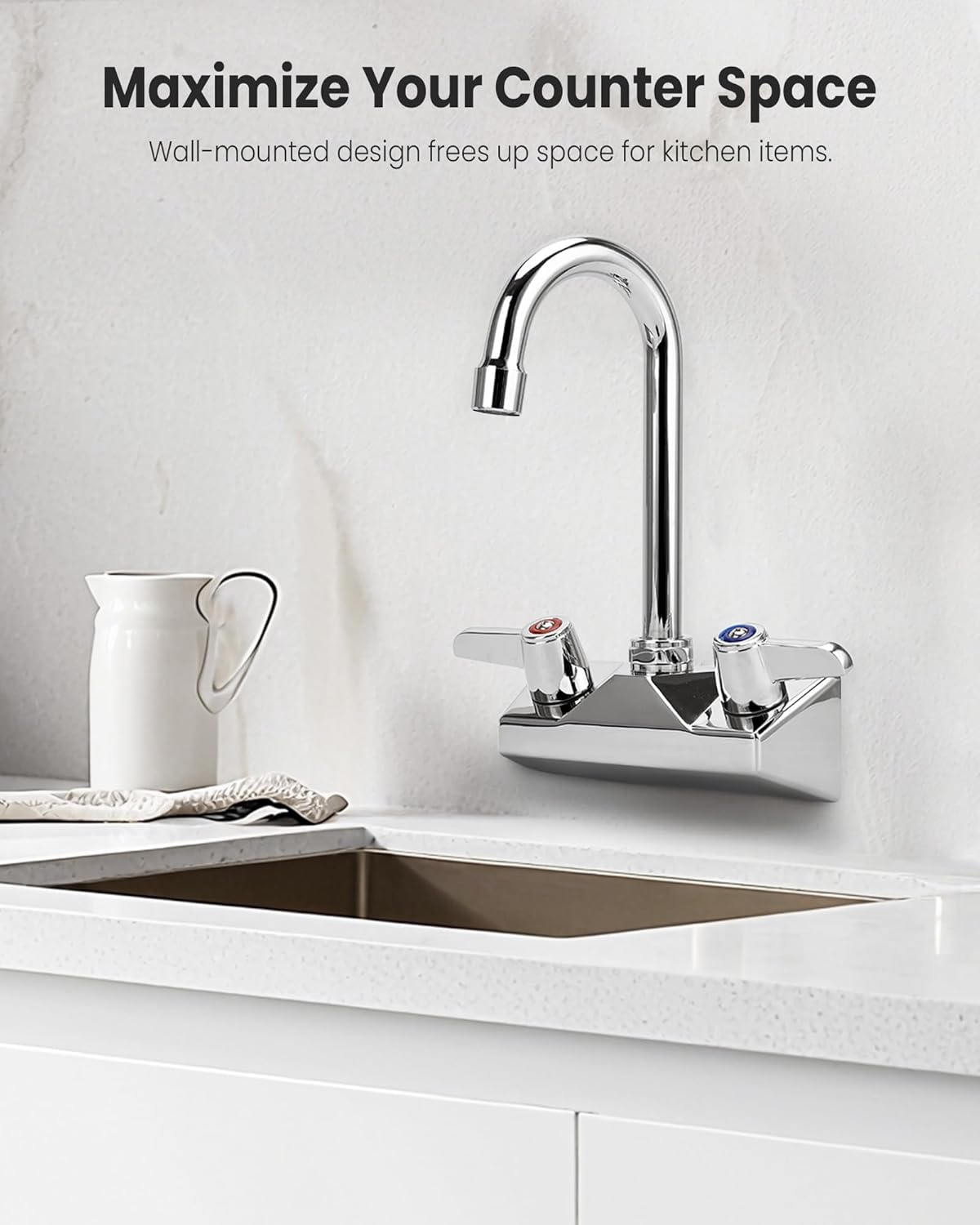 4 Inch Center Kitchen Sink,Commercial Sink Faucet,Brass Kitchen Faucet,Wall Mount Kitchen Faucets，Dual Lever Handles，with 3-1/2" Gooseneck Spout