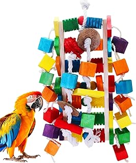 MQUPIN Large Bird Parrot Toys, Colorful Wooden Blocks of Different Shapes, 22 Inch Natural Wooden Block Parrot Toys for African Greys, Amazons, Cockatoos and Macaws