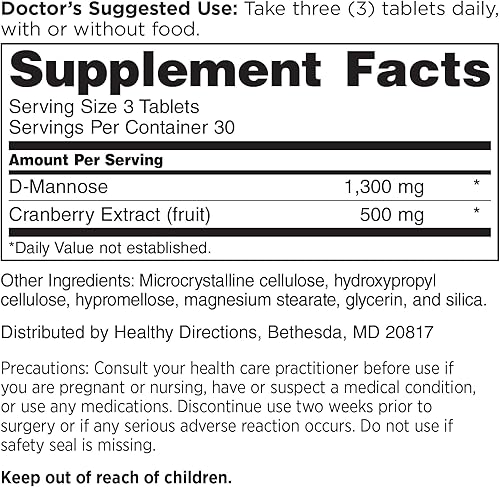 Miniatura 2 de DOCTORS' PREFERRED D-manosa 1300 mg con suplemento de arándano 500 mg - Fórmula premium (90 tabletas veganas)