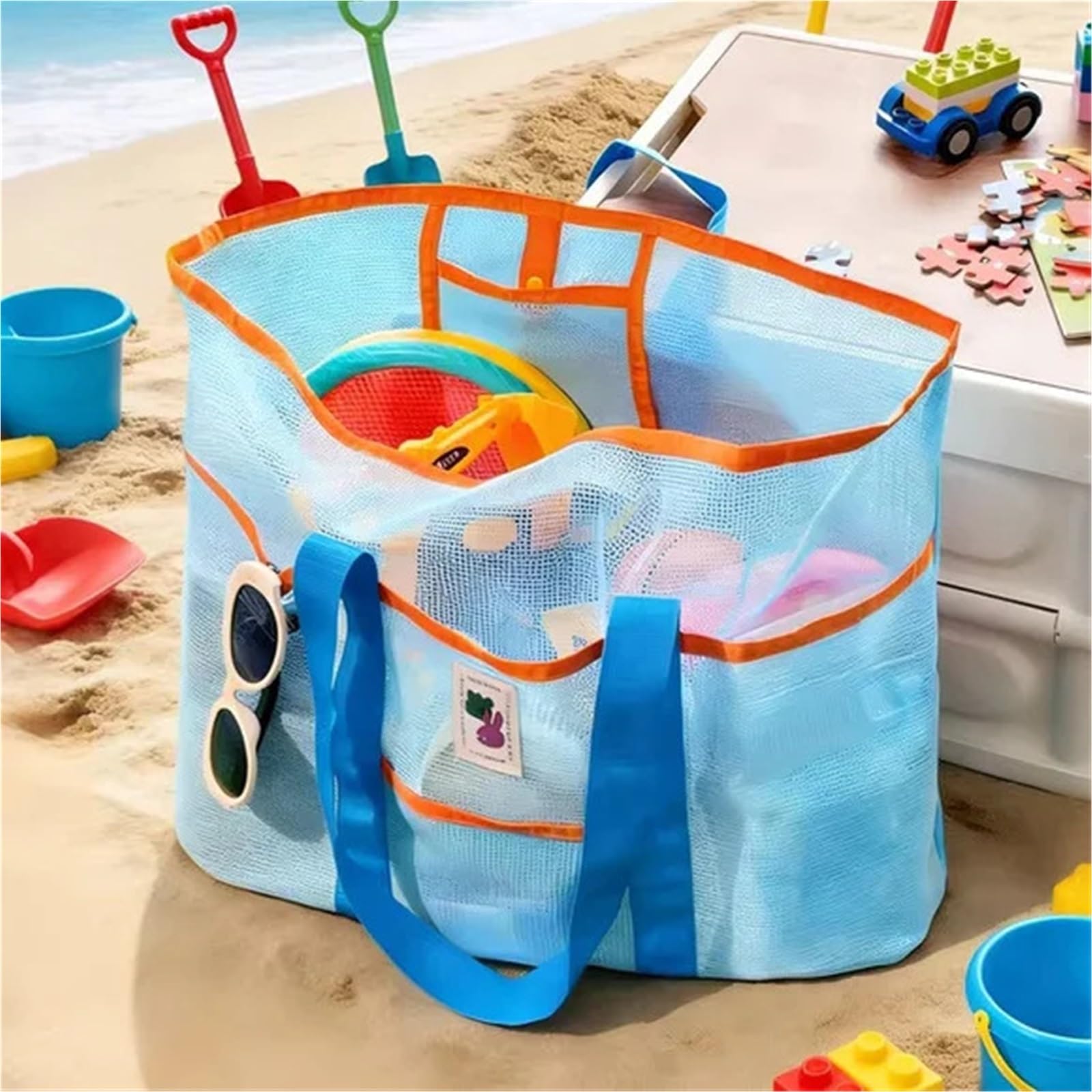 Sac de Plage en Filet pour Femme, Cabas de Plage Pliable en Maille Grand Sable Polyester Bleu 60x20x40cm