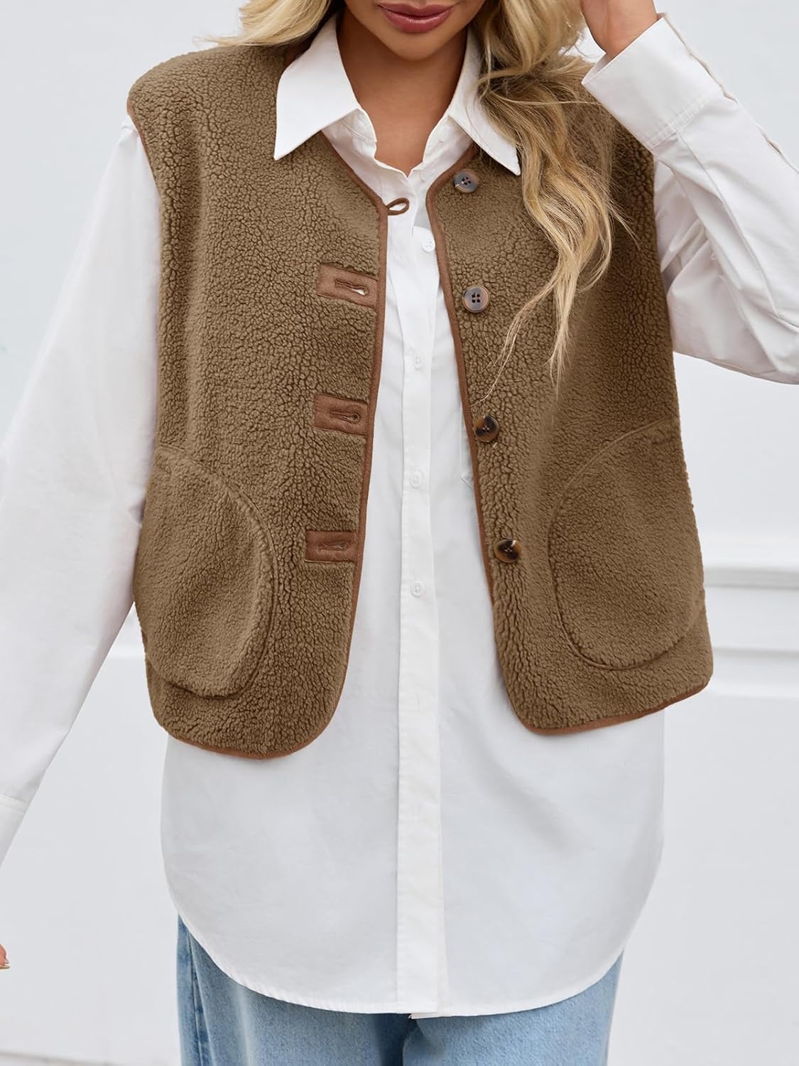 Tanakneo Womens Fuzzy Fleece Vest Sleeveless Button Down Fall Sherpa Jacket Winter Warm Old Money Outerwear with Pockets - Image 3