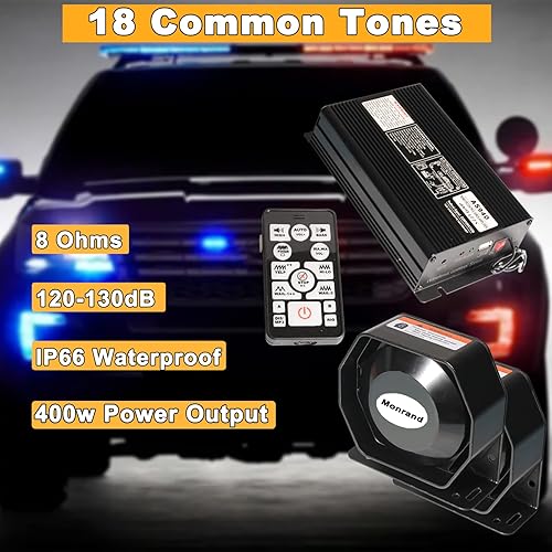 Miniatura 3 de Sirena de policía de doble altavoz de 400 W, sistema de sirena de vehículo de emergencia de 12 V, 18 tonos, 130 db, dos sirenas de policía ultra