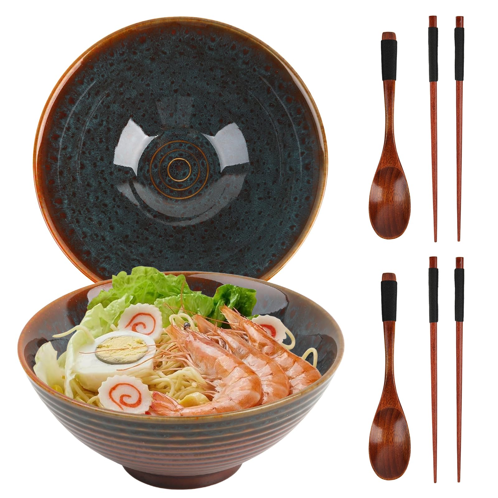 GEEKHOM Ramen Schüssel Set 2x 1200ml Japanische Ramen Bowl aus Keramik mit Essstäbchen und Löffel aus Holz - Groß, Mikrowelle & Spülmaschinenfest für Nudeln, Suppe, Pho, Salat