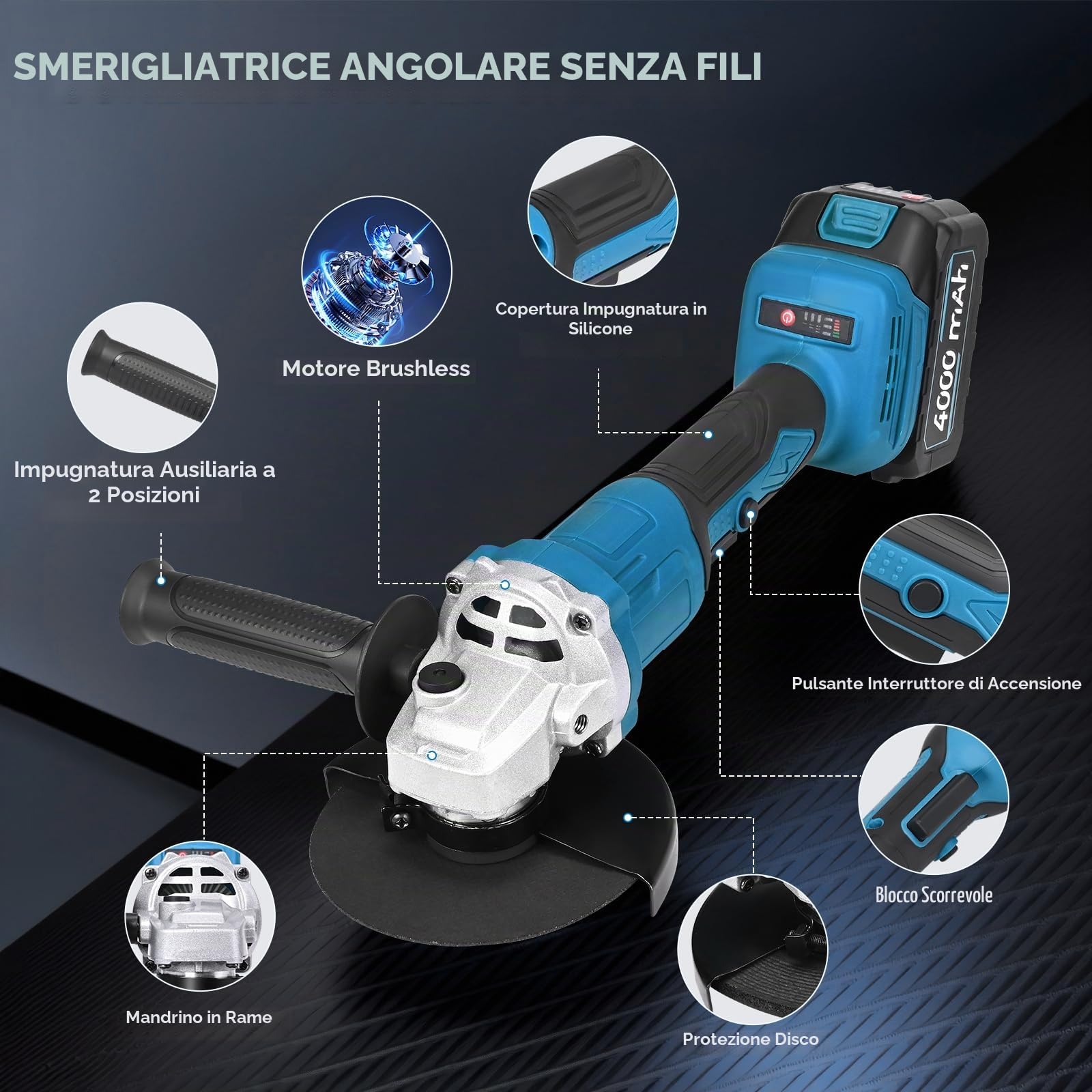 Smerigliatrice a Batteria, Smerigliatrice Angolare Senza Fili con 2 Batterie da 4.0Ah& Caricabatterie Rapido, 900W Smerigliatrice Senza Spazzole per Taglio Lucidatura Smerigliatura