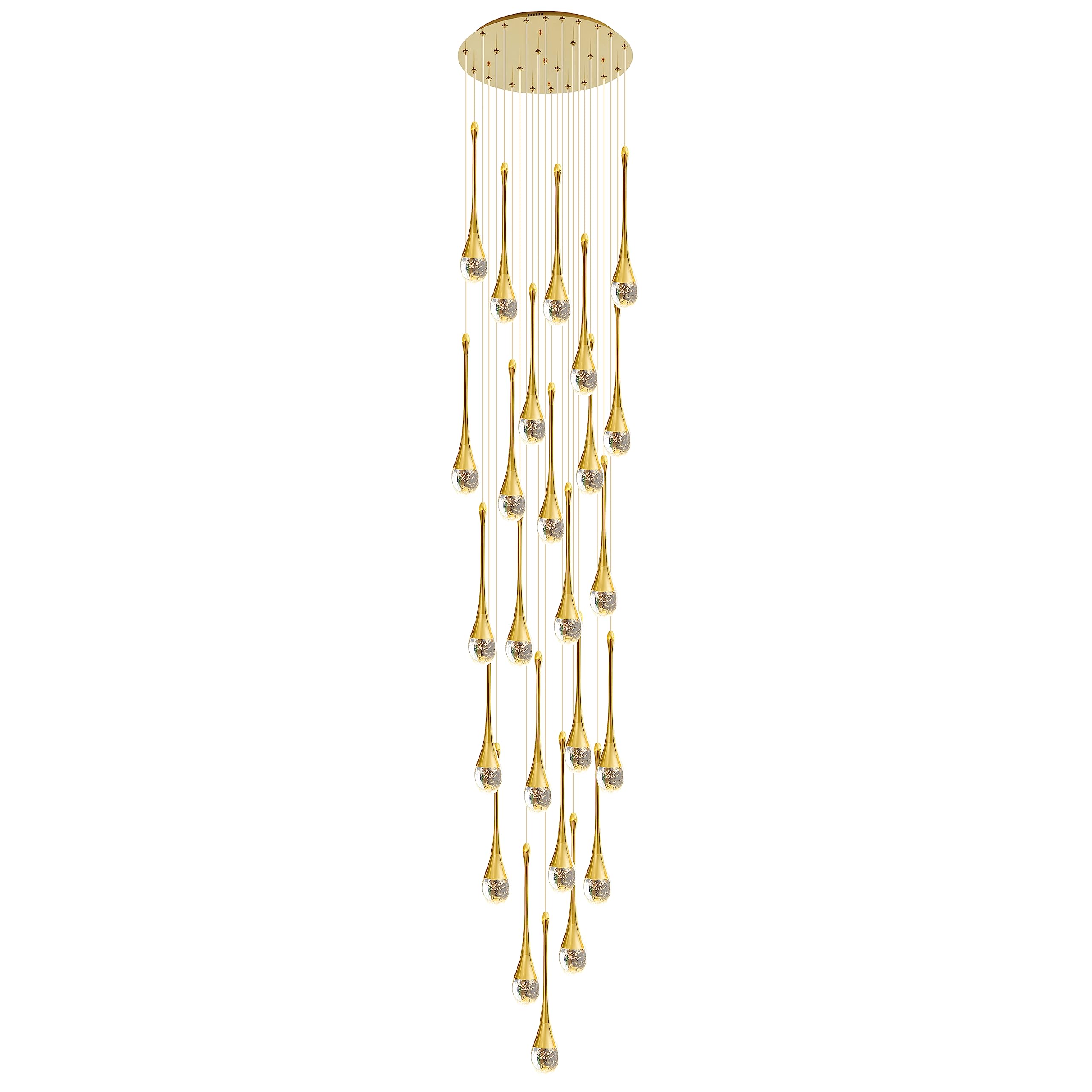 KXEcoLife 25-Light High Ceiling Chandeliers LED 3CCT Dimmable Modern Raindrop Spiral Crystal Pendant Light Dome Long Chandelier Fixtures For Foyer Entryway Stairwell Lighting