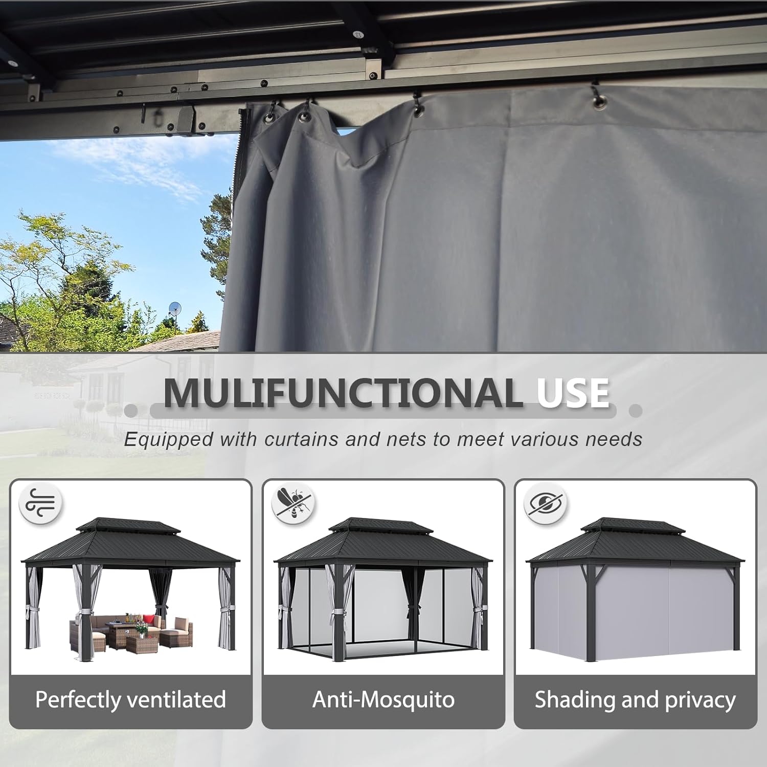 Three illustrations showing the gazebo in different configurations: perfectly ventilated, with anti-mosquito netting, and with shading and privacy curtains.