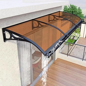 Window Awning Front Door Canopy Exterior, Outdoor Rain Awning with Rain Snow Sunlight UV Protection, Metal Shade Canopy, Porch Deck Sunshade Overhead Polycarbonate Sheet Sun CoverBrown,100x200cm/39x7