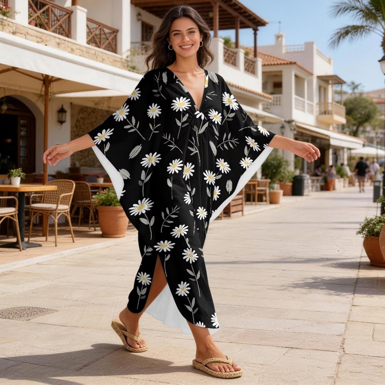 Caftano da donna, taglie forti, con scollo a V, abito da spiaggia, leggero, morbido, copricostume da bagno per il tempo libero