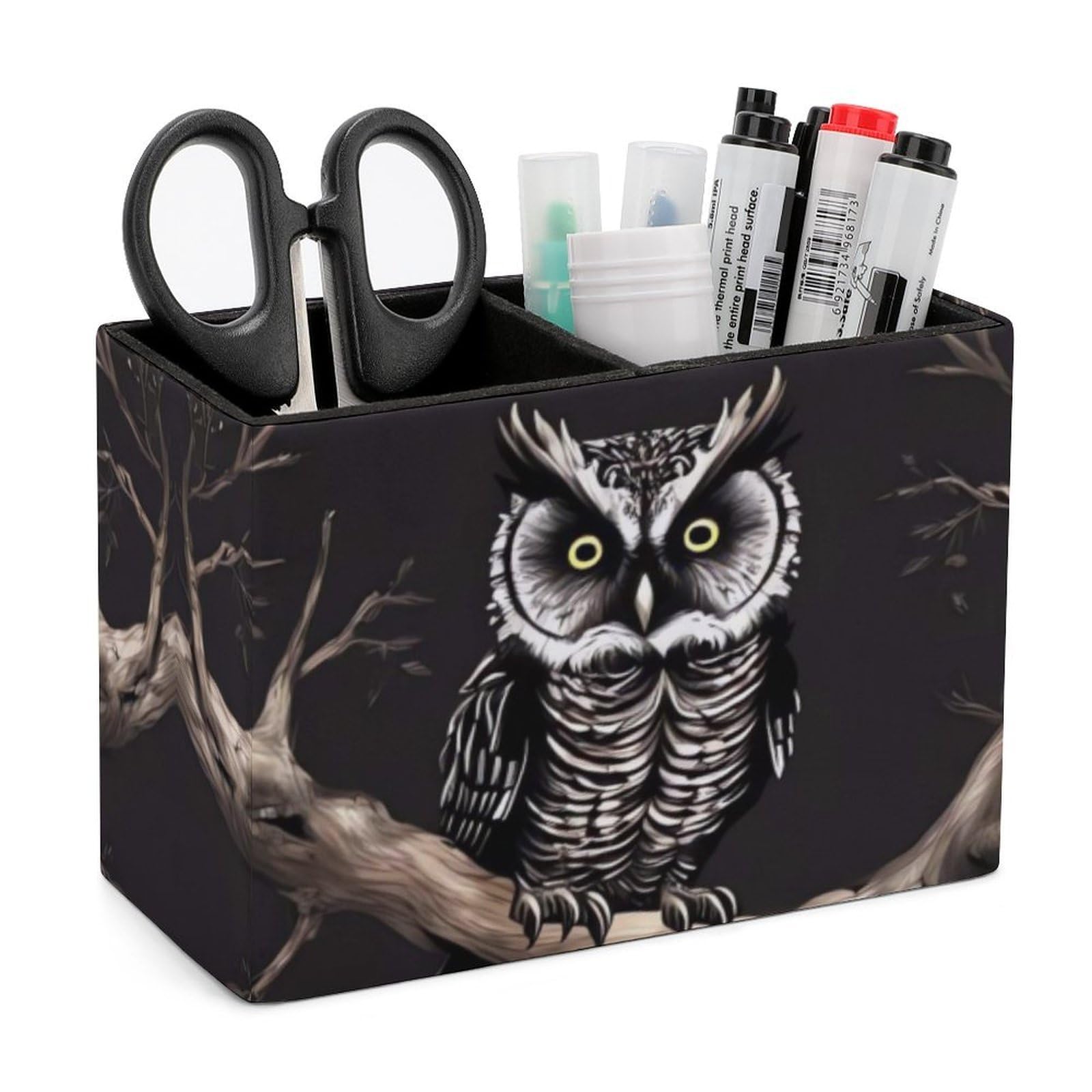 LZQPOEAS Exquisite Patterns PU Leather Pen Holder, Multifunctional Desktop Organizer Caddy with 2 Compartments, Late Night Owl Pencil Cup Makeup Brush Holder for Office Home